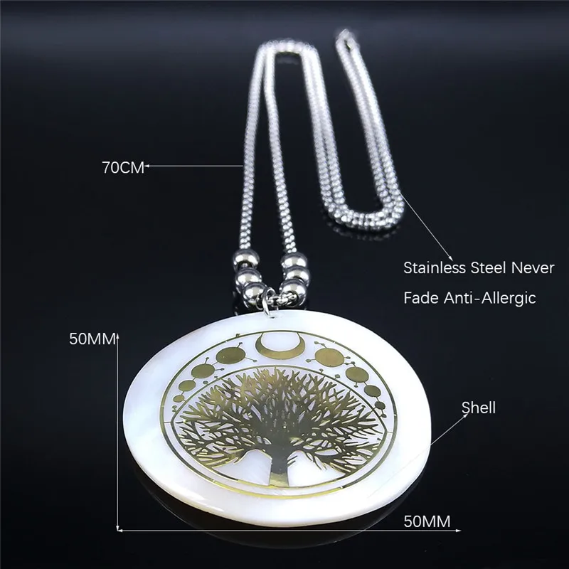 

2021 Witchcraft Moon Tree of Life Stainless Steel Shell Long Beads Gold Color Necklace Pendant Jewelry cadenas mujer N6500S03