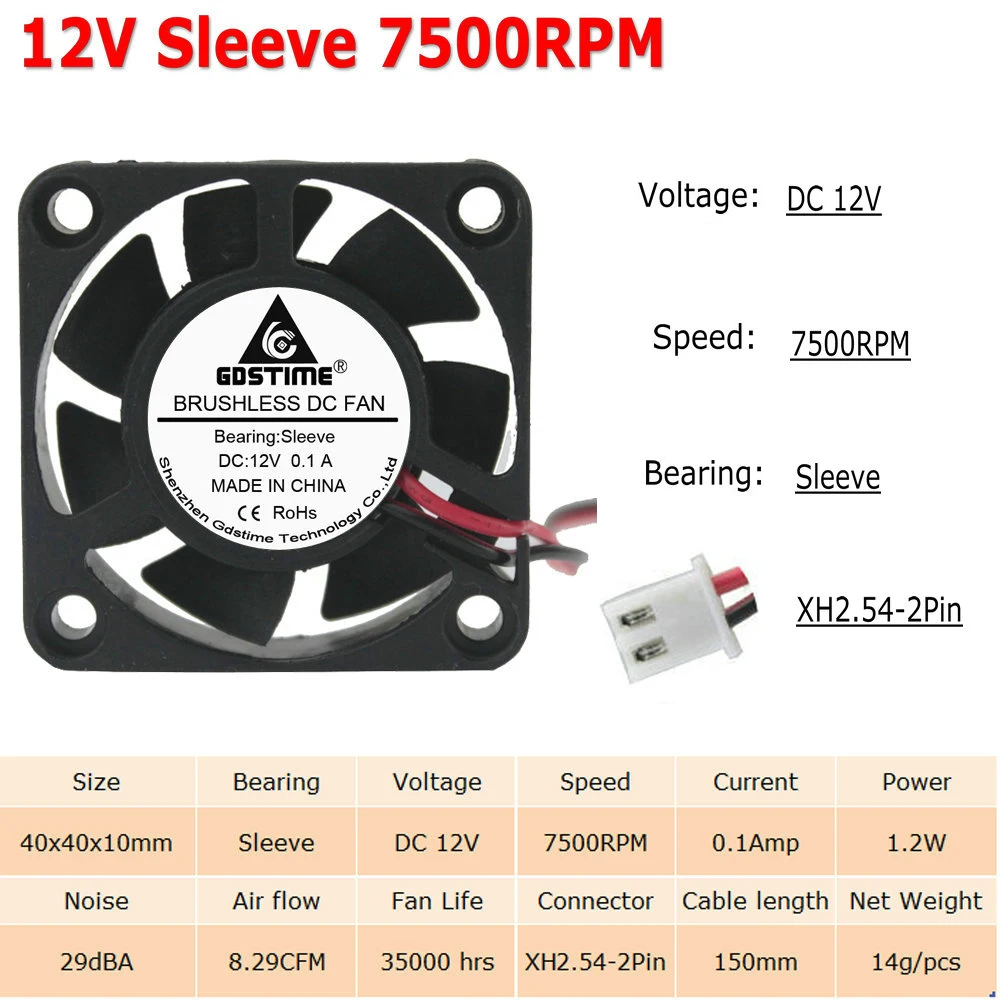 10 шт./Партия Кулер 40x40x10 мм 4010 2Pin 3Pin Dupont USB 5 в 12 В 24 в 40 мм 4 см DC чехол для компьютера Бесщеточный вентилятор охлаждения Втулка с отверстиями для шариков - Цвет лезвия: 12V Sleeve 7500RPM