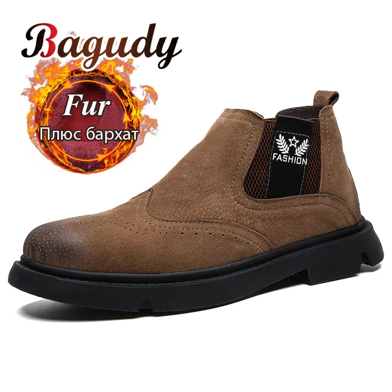 Мужские зимние ботинки челси из натуральной кожи с плюшевой подкладкой|Ботинки