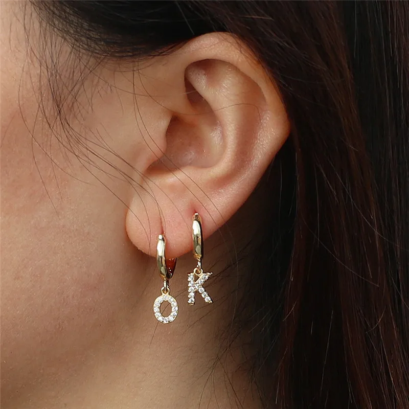 Fashion 26 Alphabet A-Z Rhinestones Hoop Earrings for Women Gold Small Letter Tiny Huggie Hoops Minimalist Jewelry | Украшения и