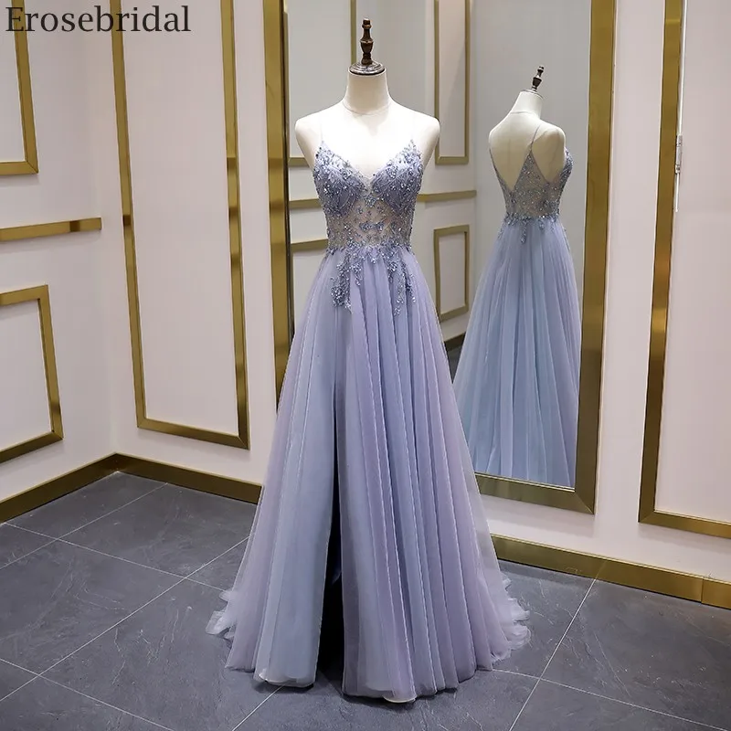 Женское длинное платье с бусинами Erosebridal трапециевидной формы разрезом спереди и