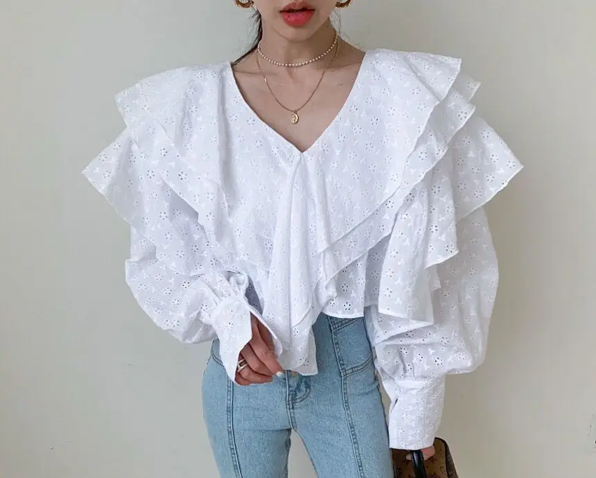 

High Quality Embroidery Flower Hollow Out Cotton Shirt and Blouse Women Long Sleeve V-Neck Ruffles Draped Pullover