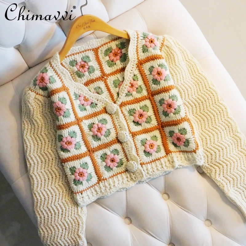 

2021 Autumn Winter New Ethnic Handmade Crochet Thick Thread Knitted Top Long Sleeve V-neck Lantern Sleeve Cardigan Short Sweater