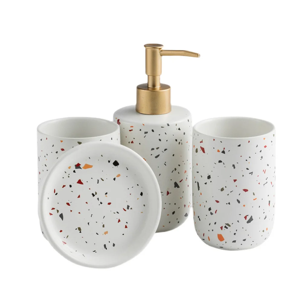 

4 in 1 Set Bathroom Wash Suit Ceramic Shampoo Dispenser Bottle Couple Mouthwash Cup Soap Dish Home Hotel Bath Accessory