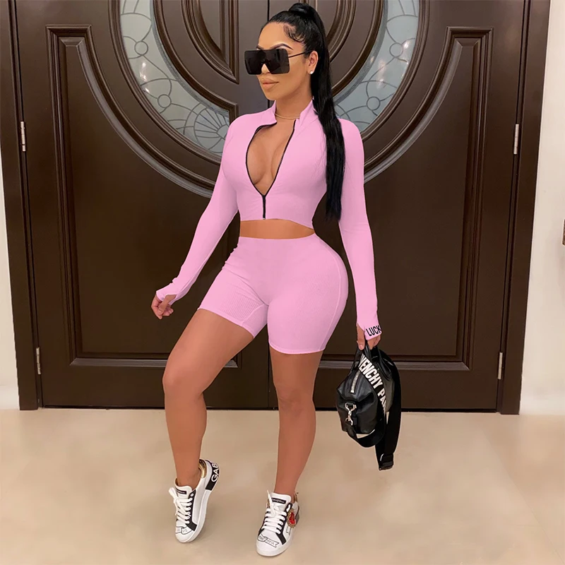 

ZKYZWX Sexy Two Piece Set Long Sleeves Crop Top+Biker Shorts Tracksuit Fall Clothing Women Sweat Suits Club Overalls Streetwear