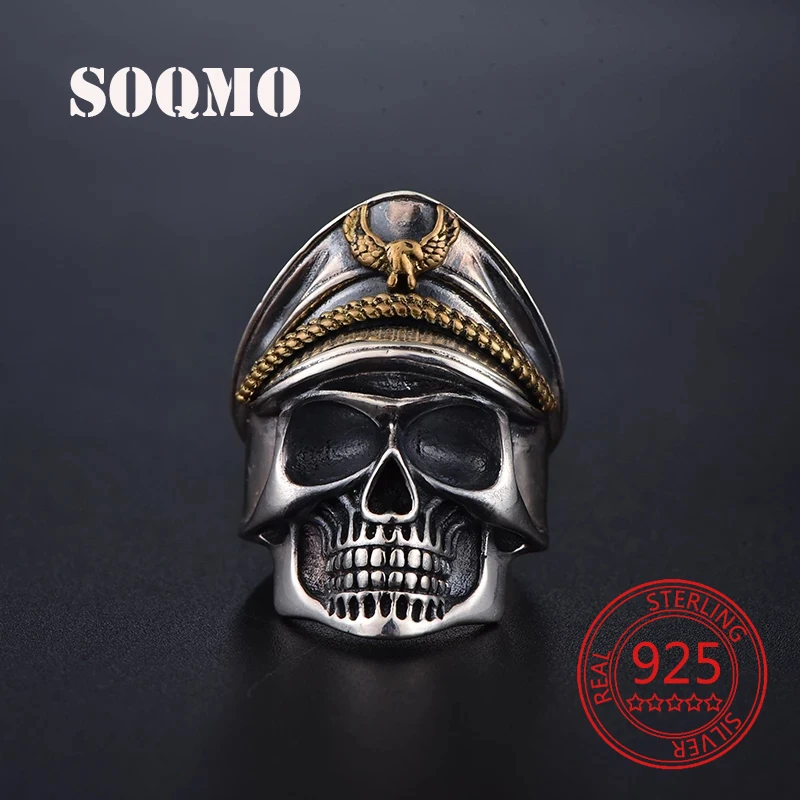 

SOQMO 925 Silver Cool Soldier Skull Ring For Men Punk Rock Vintage Rings With Eagle Adjustable Size Biker Ring Gothic Jewelry