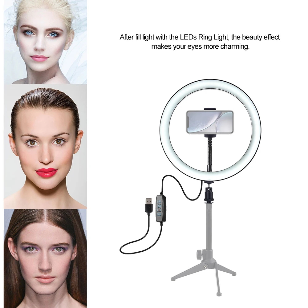 

10" Dimmable LED Selfie Round Light Brightness Adjustable Lamp for Live Broadcast Selfie Photography Video with Phone Bracket