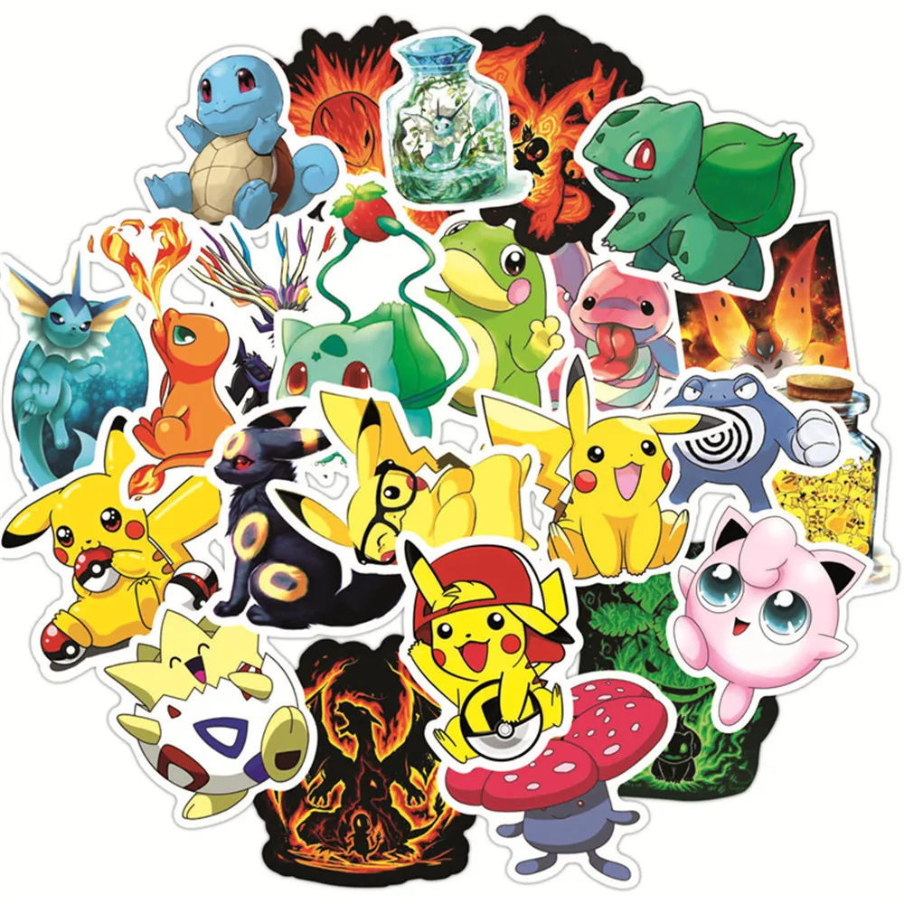 50 pcs different pokemons pikachu stickers for luggage skateboard phone laptop moto bicycle wall guitar waterproof sticker toys free global shipping