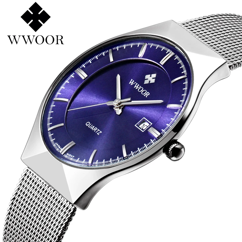 

New Fashion top luxury brand WWOOR watches men quartz-watch stainless steel mesh strap ultra thin dial clock relogio masculino