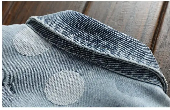 BONJEAN Mens Polka Dot Denim Jacket Mal Rock Fashion Light Blue Slim Casual Biker Jackets Coat Drop Shipping