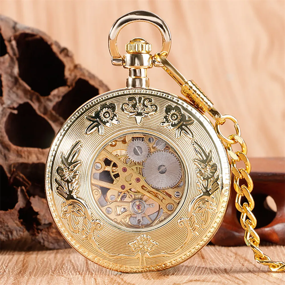 Vintage Roman Numerals Transparent Skeleton Mechanical Pocket Watch Golden Open Face Manual Hand Winding Pocket Timepiece reloj