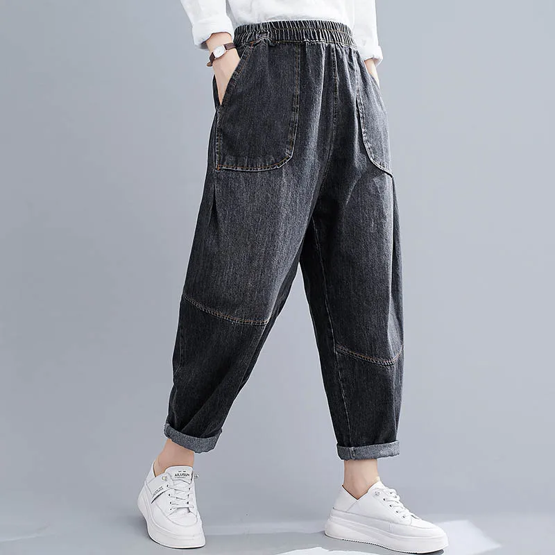 

Spring Autumn loose cotton jeans women plus size literary high waist elastic pants harem trousers 2 colors