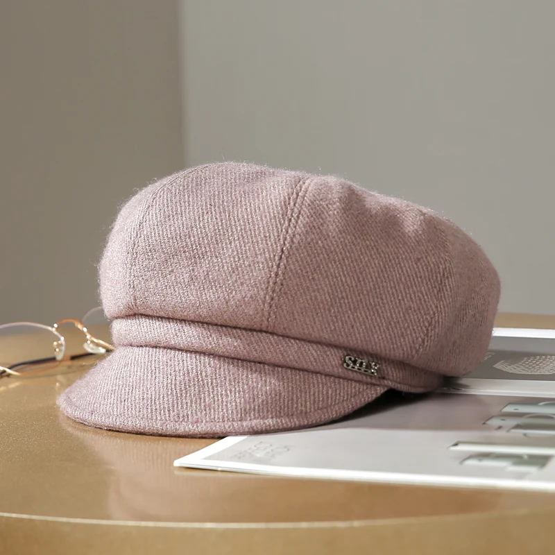 

[PTAH] 2021 New Octagonal Flat Cap Women Girls Beret Artist Warm Hats Temperament Autumn Winter Beanie Cap Vintage Beret Hat Cap