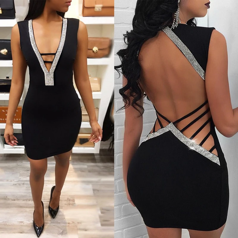 

Women Sequin Sexy bodycon Mini Dress Elegant Sleeveless Backless Bandage Ladies Dresses Eveing Party Club vestidos