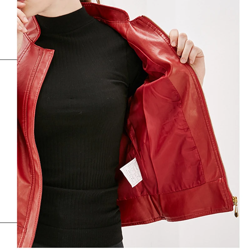 PU Leather Jacket Women Stand Neck Zipper Long Sleeve Coat 2023 Spring Autumn New Fashion Short Slim Casual Moto Clothing XL-7XL enlarge