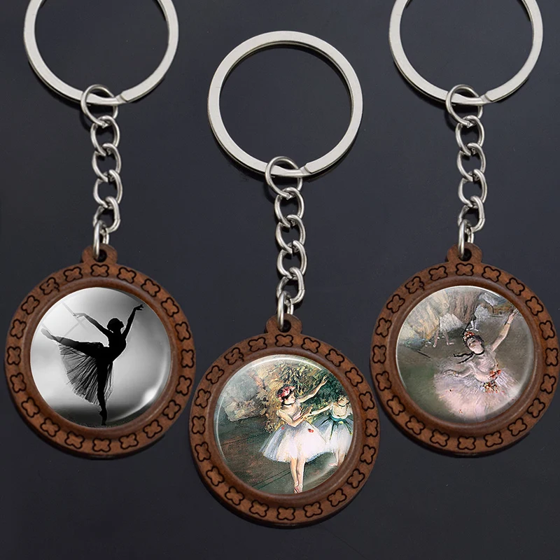 

Degas Ballerina Key Chains Ballerina Glass Dome Keyring Wooden Pendant Keychain Key Fob Art Trinket