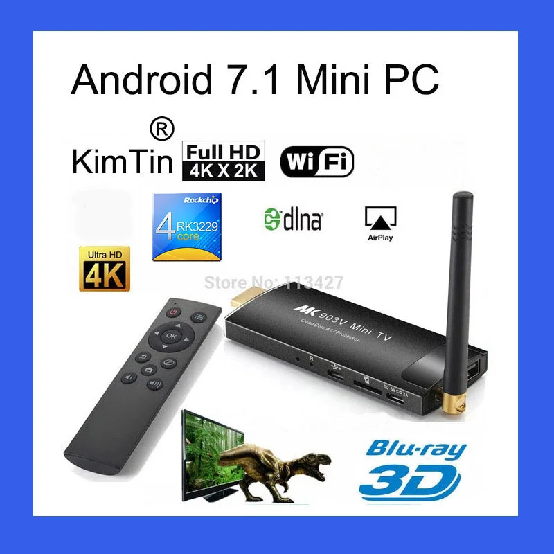 

KimTin MK903C Android TV Stick RK3229 Quad Core 1GB 8GB OS 7.1 4K Wifi TV Dongle Miracast TV Player Smart Mira Screen Mini pc