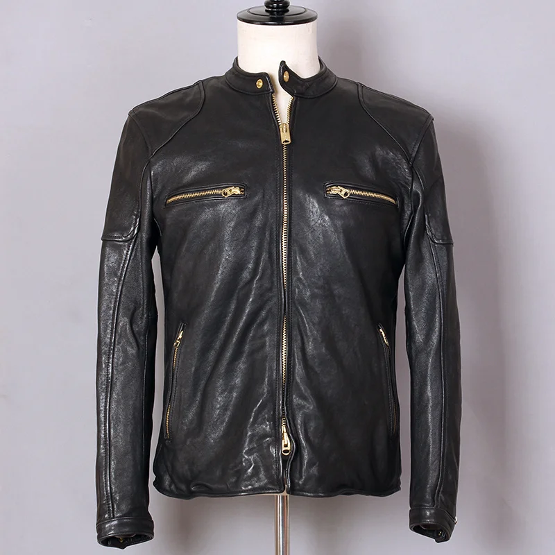 

Мужская мотоциклетная куртка из натуральной овечьей кожи, черная Повседневная приталенная байкерская куртка с воротником-стойкой, 2019