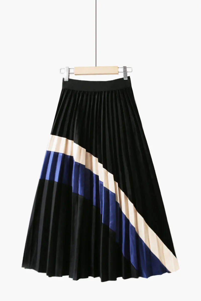 

SuperAen 2020 Autumn and Winter New Color Splicing Pleated A Line Big Swing Loose High Waist Gold Velvet Skirts Womens