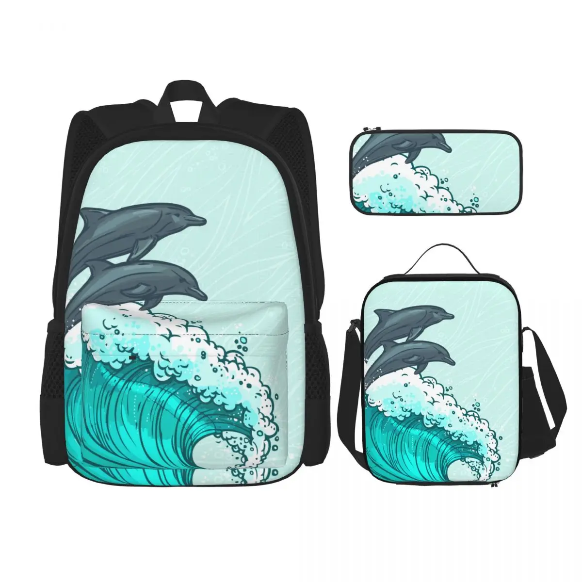 

School Bags for Teenagers Sea Waves With Dolphins School Backpack Set Rucksack Bagpack Kids Cute Book Bags