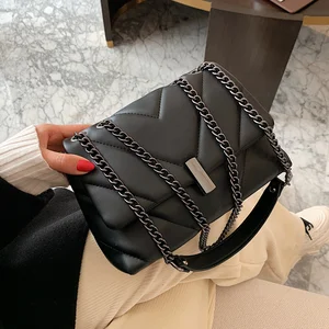 hot sale chain quilted crossbody bags for women luxury branded small unique lock handbag lady black pu leather flap shoulder bag free global shipping