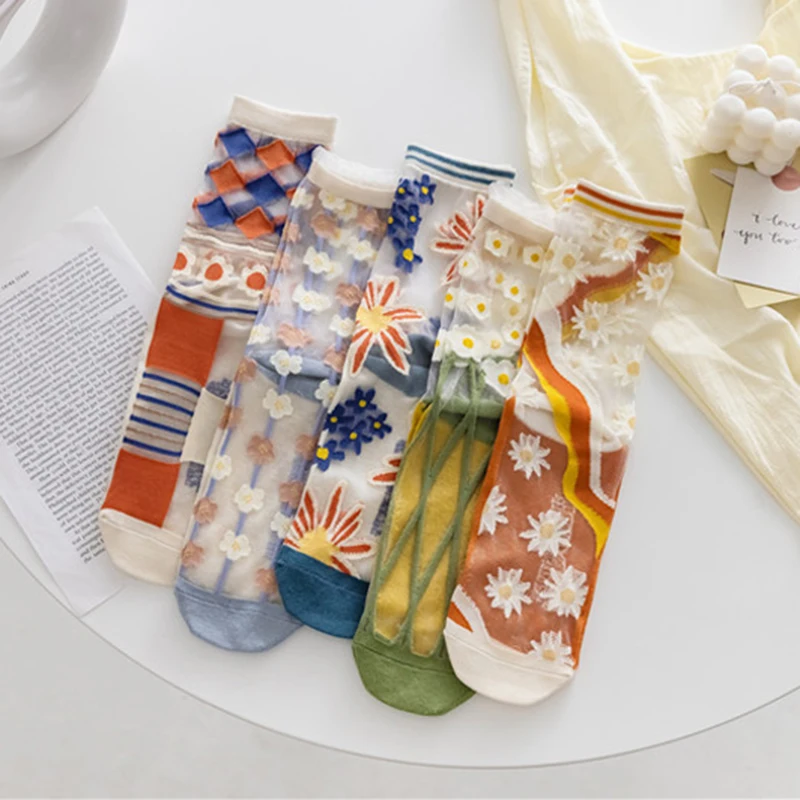 

Creative Harajuku New Product Crystal Silk Tide Socks Women Funny Sunflowers Vines Flowers Casual Female Cat High Quality Sox