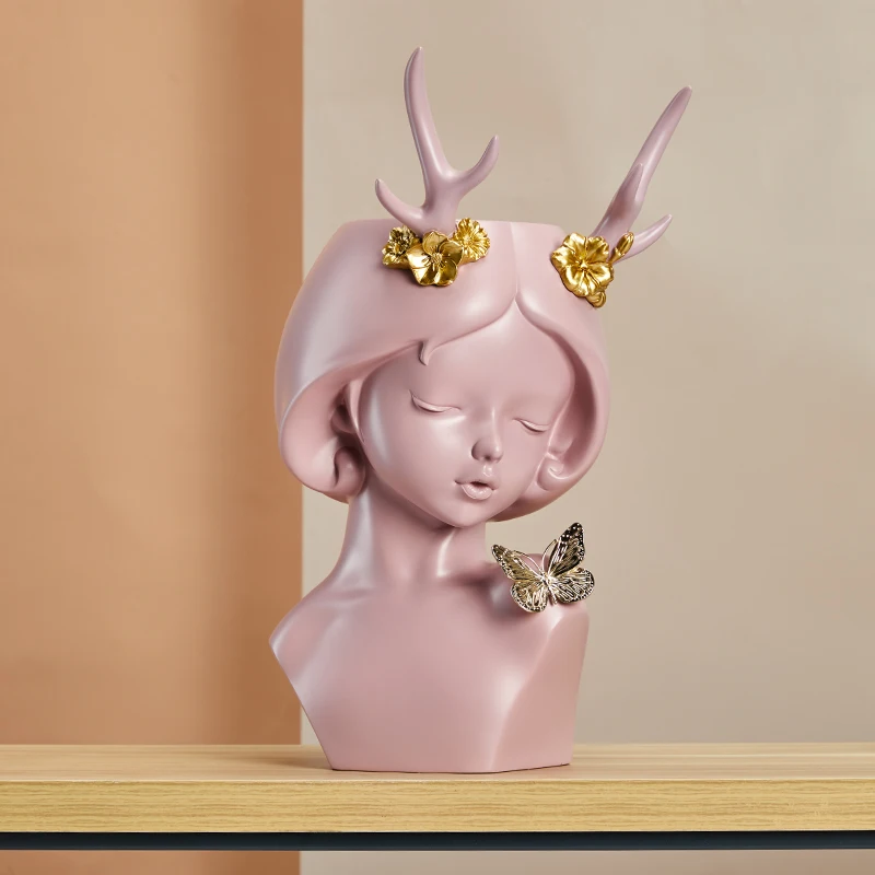 

Nordic Creative Luxurious Cute Deer Mouse Rabbit Girl Arts Vase Bust FlowerPot Resin Crafts Home Decorative Art Portrait R3888