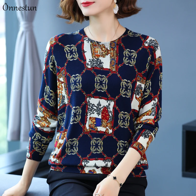 

Print Sweater Women Autumn Spring Pullovers Knitted Sweater Korean Style Long Sleeve Top Pull Femme Sweaters