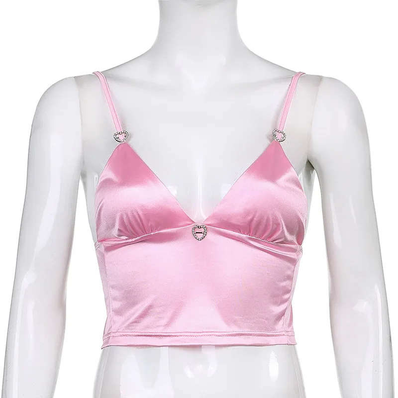 

Y2K EGIRL Y2K Aesthetics Deep V-neck Satin Brown Tops 2000s Fashion Rhinestone Spaghetti Strap Backless Sexy Crop Tops Partywear