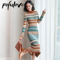 Sweater Dress Women's Long Half Turtleneck Pullover Knitwear Korean Retro Striped Over-the-knee Sweater Autumn and Winter Top