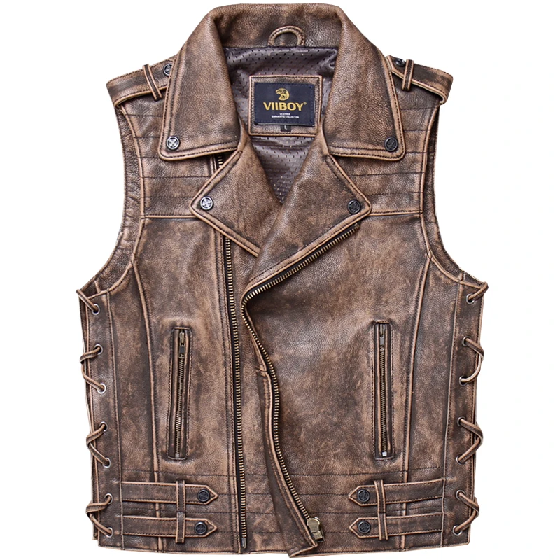 Жилет мужской из натуральной воловьей кожи толстая мото-куртка Короткая Толстая