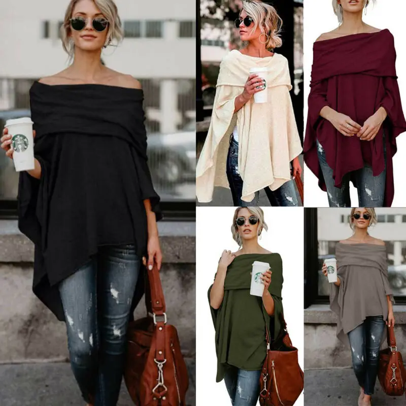 Осенняя Женская Асимметричная накидка с открытыми плечами пончо пуловер женский
