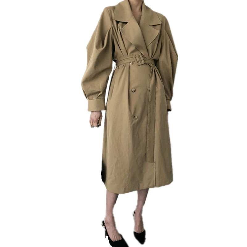 Женское длинное пальто с поясом облегающая двубортная ветровка в Корейском