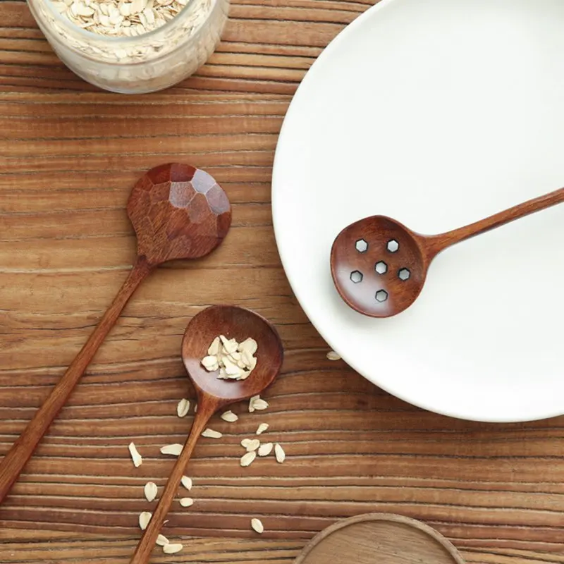 

Creative Solid Wooden Spoon With Long Handle Korean Sauce Stir Scoop Japanese Round Mouth Anti-scalding Hot Pot Stirring Spoons