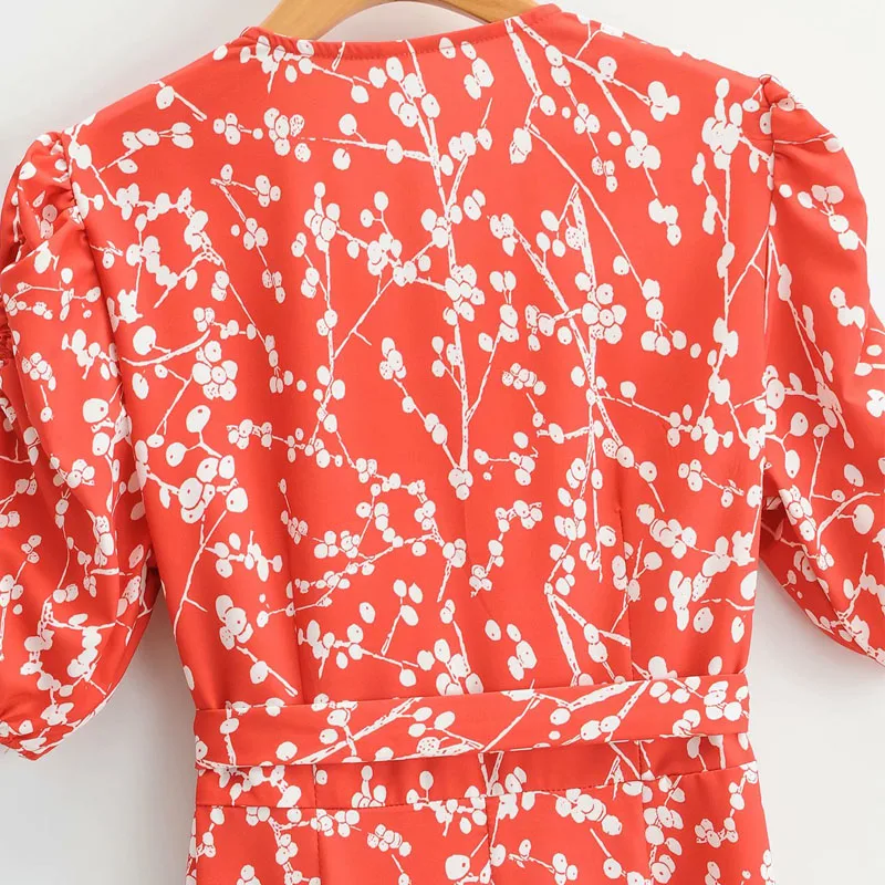 

Vintage V-neck Short-sleeved Waist Tie Women's Dress Lotus Leaf Puff Sleeve Flower Print Chic Female Beach Holiday Dresses