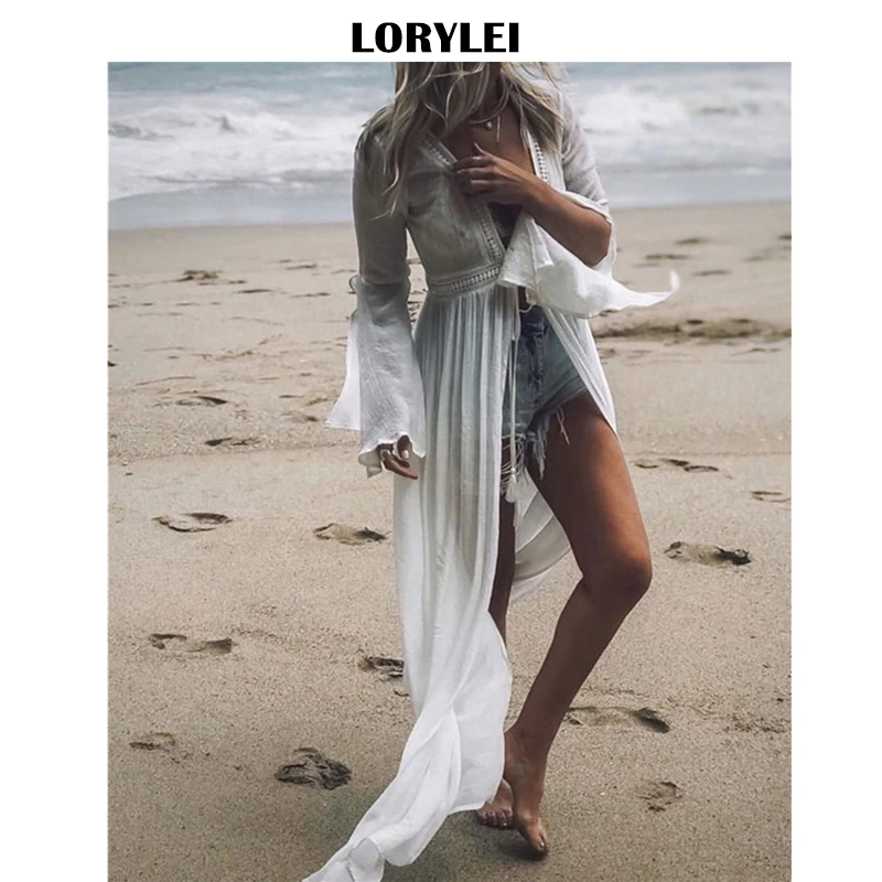 Женское пляжное платье Белая Туника из хлопка с глубоким вырезом и