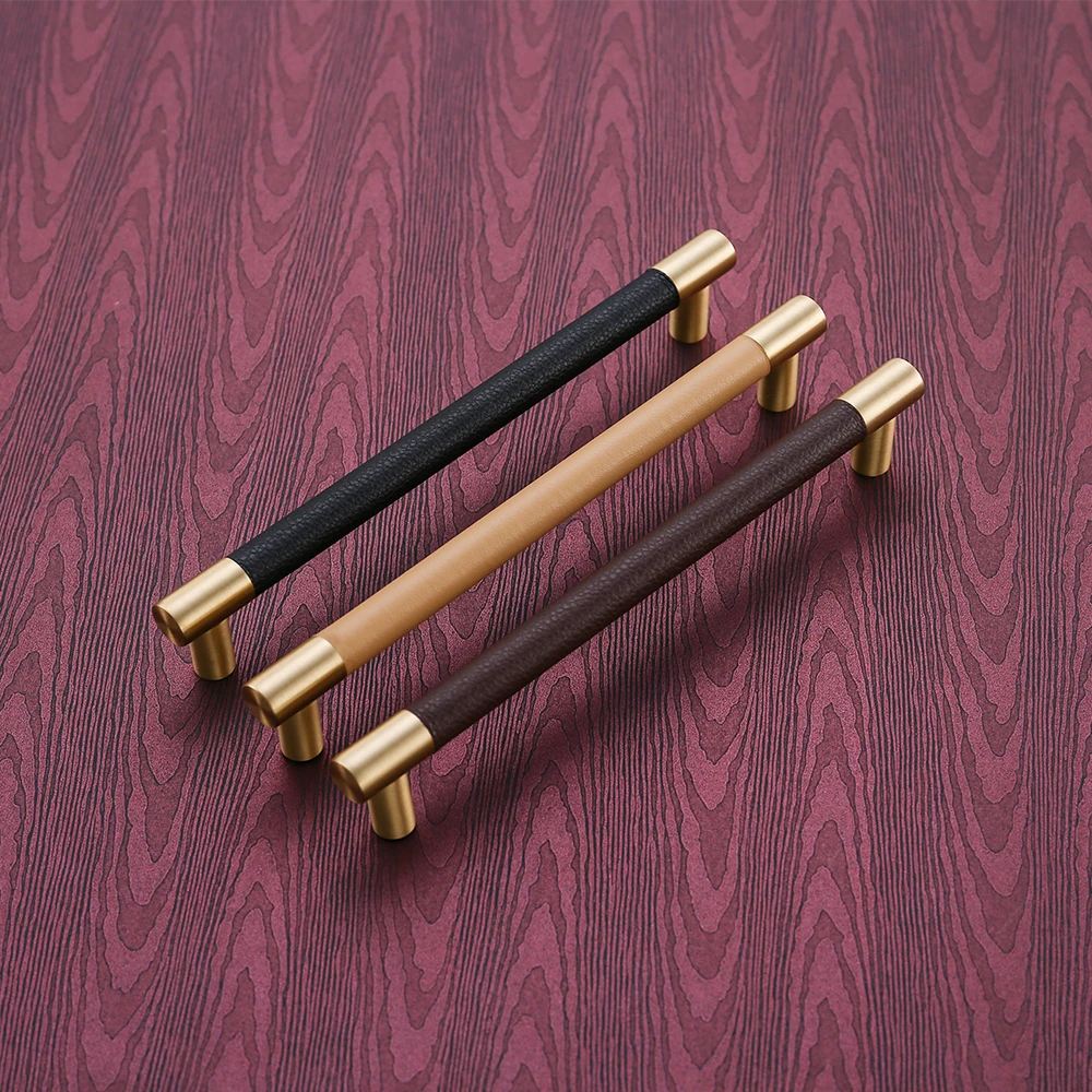 Ручки/ручки для шкафа латунные ручки черный/коричневый кожаные дверей высокое