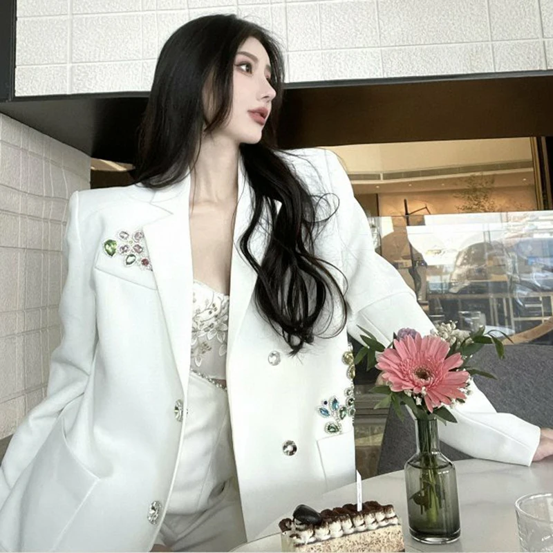 

TWOTWINSTYLE Elegant Patchwork Diamonds Blazer Women's Suit Female Notched Long Sleeve Straight Blazers For Women 2021 Stylish