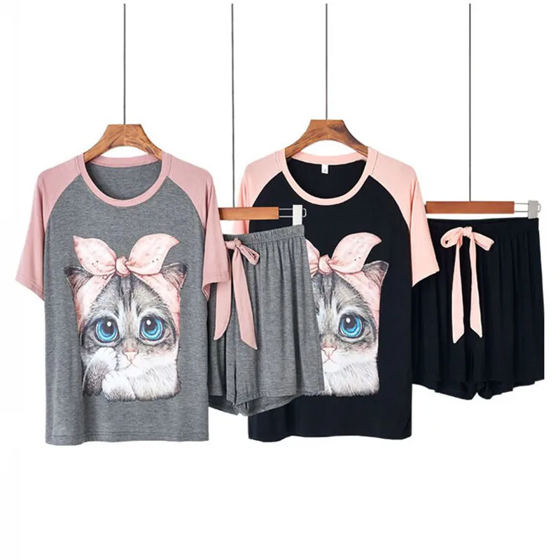 

Summer 2020 Loose Pajama Sets Women Cartoon Cat 2 Pieces Set Short Sleeve Top + Shorts Elastic Waist Pyjamas Women Sleepwear