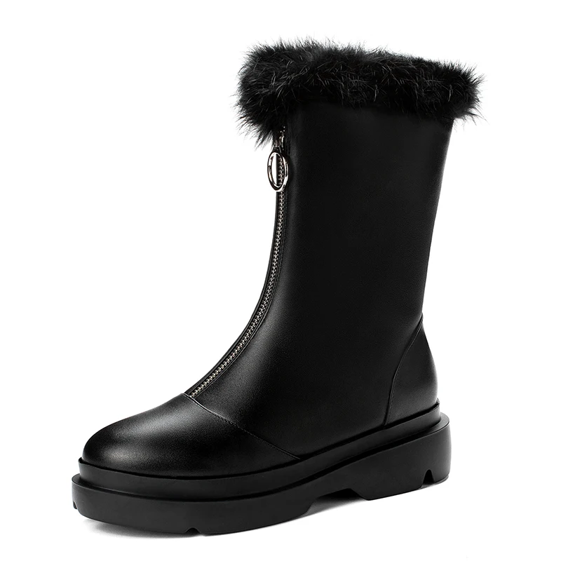black Gdgydh Long Plush Inside Leather PU Snow Boots Plush Boots Women Warm Natural Fur Winter Boots Female With Zipper High Quality - Цвет: black