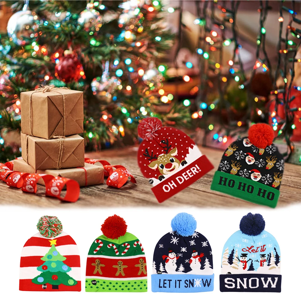 

Christmas Knitted Hats Santa Elk Knitted Beanie Hat With LED Light Up Cartoon Patterns Christmas Gift For Kids New Year present