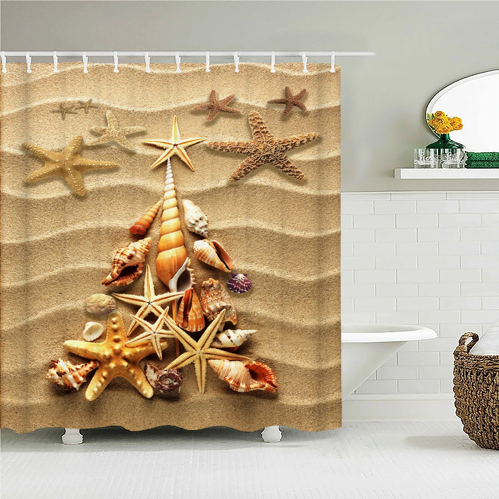 

Ocean Beach Shell Starfish Shower Curtains Bathroom Curtain Frabic Waterproof Polyester Printing Bathroom Curtains with Hooks