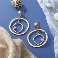 european and american fashion simple personality geometric irregular metal double ring inlaid pearl earrings