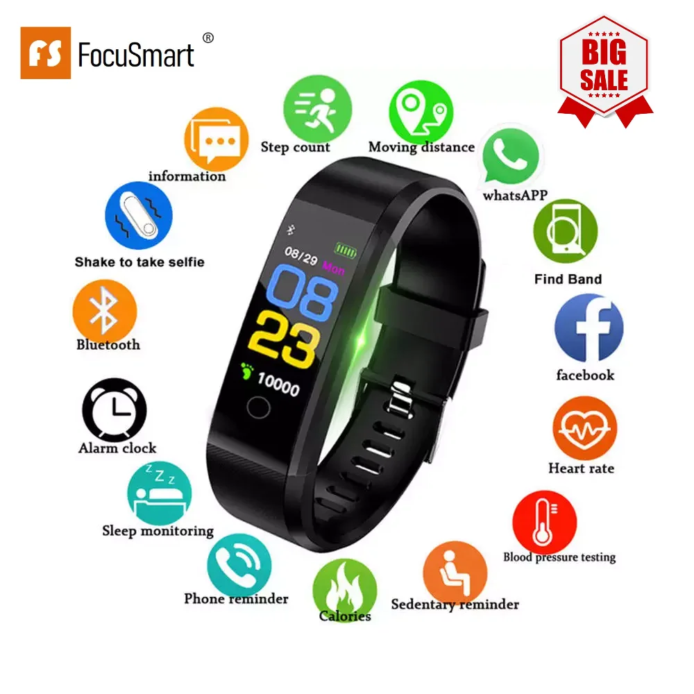 Смарт часы FocuSmart 115 Plus с Bluetooth пульсометром фитнес трекером водонепроницаемым