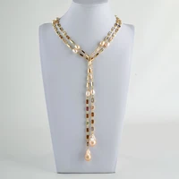 50 cultured pink keshi pearl mixed color rectangle cz pave long chain necklace