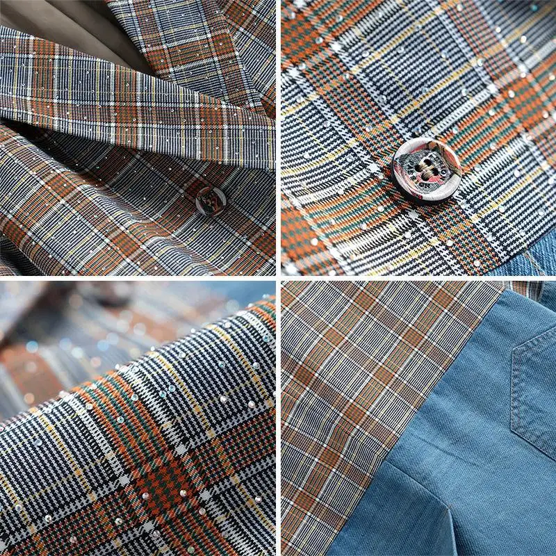 

Heavy industry ironing and drilling collar retro Plaid splicing denim suit coat for women in spring and Autumn