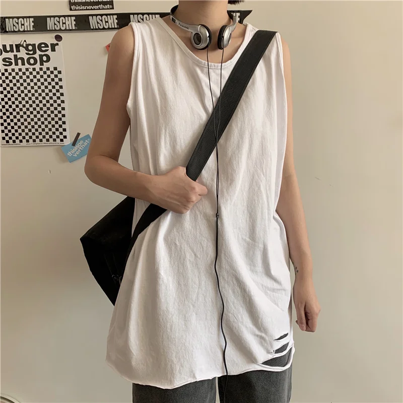 

INS Super Popular High Street Ripped Inner Wear Base Vest T-shirt Female Summer Korean Style Boyfriend Loose Thigh-Length White