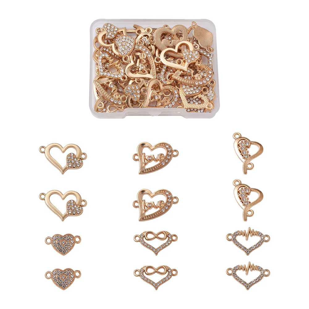 

36pcs Alloy Rhinestone Heart Charm Connector Light Golden Plated Heart Spacer Beads Bracelet Link Findings for Jewelry Maaking