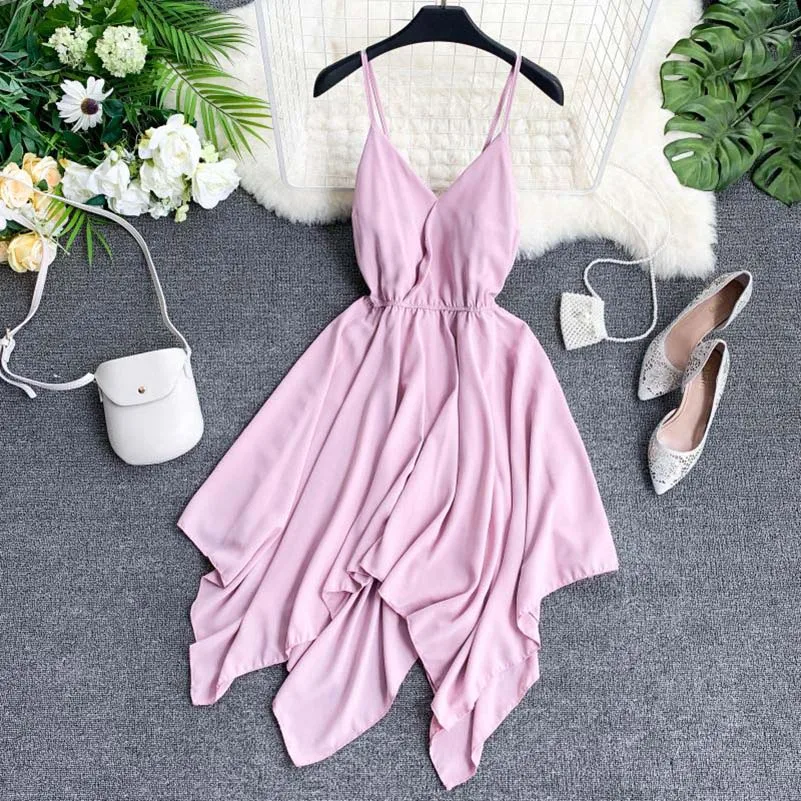 

NiceMix Boho Style V Neck Sexy Asymmetrical Ladies Summer Midi Dress Women Party Spaghetti Strap Casual Beach Holiday Irregular