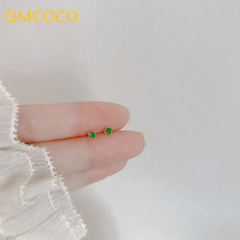 

QMCOCO Silver Color Vintage Fashion Square Design Green Zircon Earrings For Woman Korean Version Party Jewelry Accessories